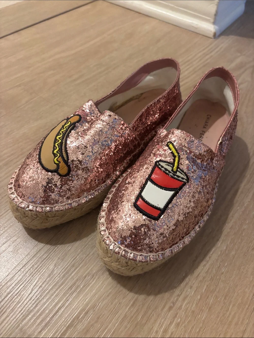 Chiara Ferragni Pink Glitter Fast Food Espadrille Flats - Hot Dog & Soda